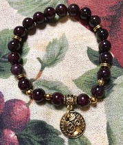 Genuine Red Garnet Gemstone Bracelet with Gold OHM Talisman Genuine Red Garnet Gemstone Bracelet with Gold OHM Talisman
